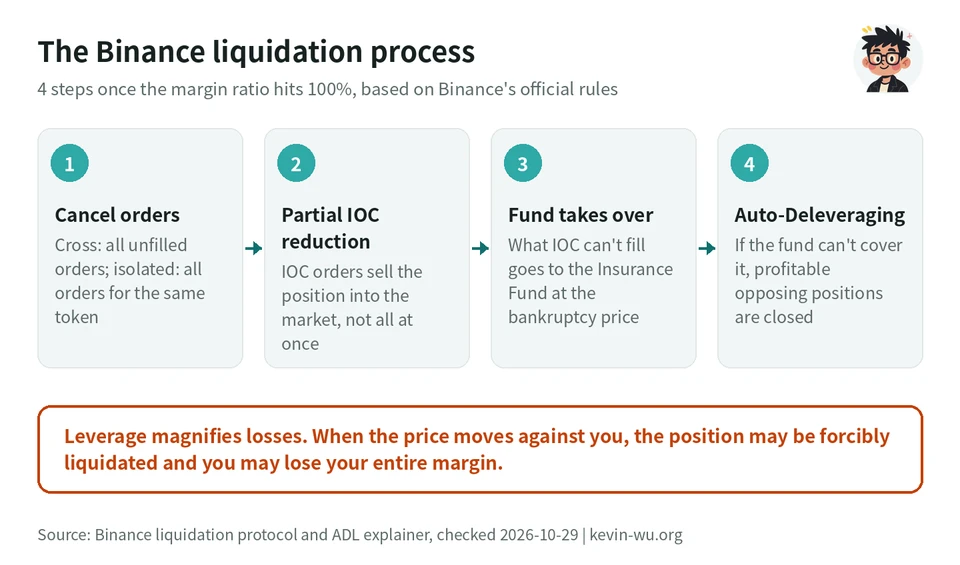 Flowchart of the Binance liquidation process in four steps: order cancellation, partial reduction with IOC orders, Insurance Fund takeover at the bankruptcy price, and auto-deleveraging, with a warning that you may lose your entire margin