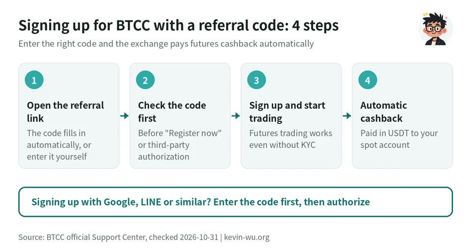 Flowchart of the 4 steps for signing up for BTCC with a referral code: open the sign-up page through the referral link → check the referral code before submitting → finish signing up and start trading → the exchange pays automatic cashback in USDT to your spot account