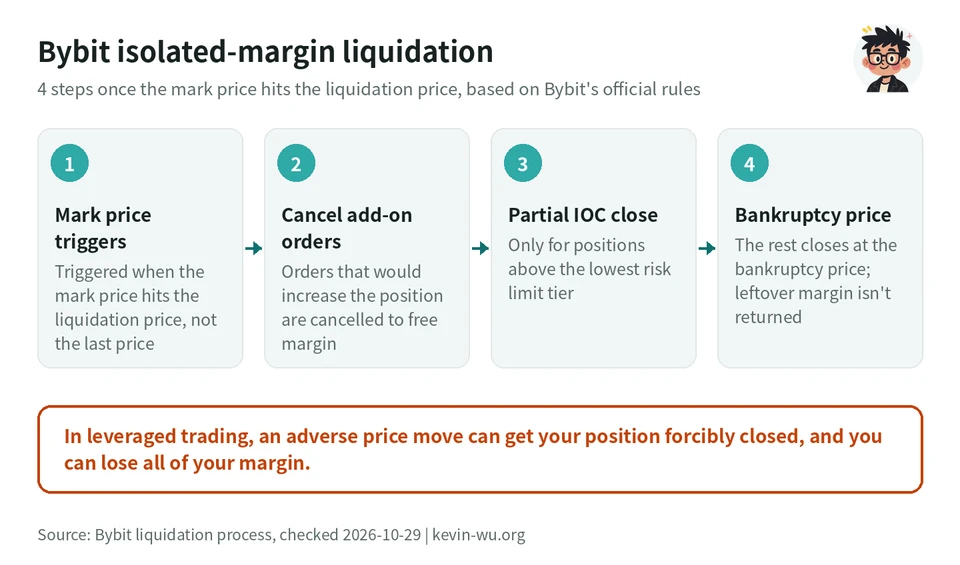 Flowchart of Bybit isolated-margin liquidation in four steps: the mark price triggers it, orders that would increase the position are cancelled, an IOC order partly closes the position, and the rest closes at the bankruptcy price, with a warning that you can lose all of your margin