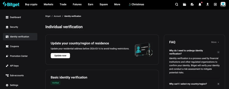 Bitget 網頁版個人認證頁的「更新居住國家/地區」卡片與「立即更新」按鈕,下方基本身分認證顯示已認證