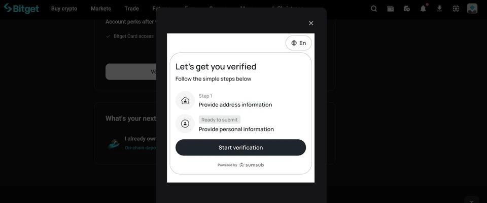 Bitget 地址證明彈出視窗「Let's get you verified」,點「開始驗證」,下方標示 Powered by Sumsub