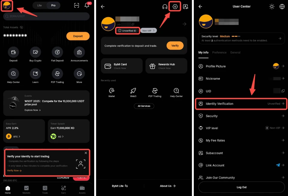 App 首頁點個人資料圖示、進入設定,再點身份認證(Identity Verification)的三個畫面