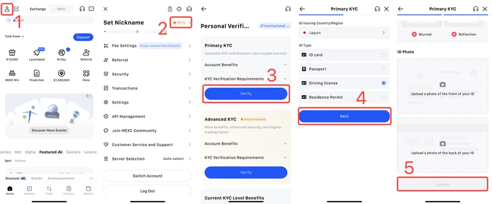 Các bước 1–5 xác minh cơ bản trên App MEXC: ảnh đại diện, Verify, xác minh cơ bản, chọn giấy tờ, tải lên mặt trước và mặt sau rồi gửi (giao diện tiếng Anh)