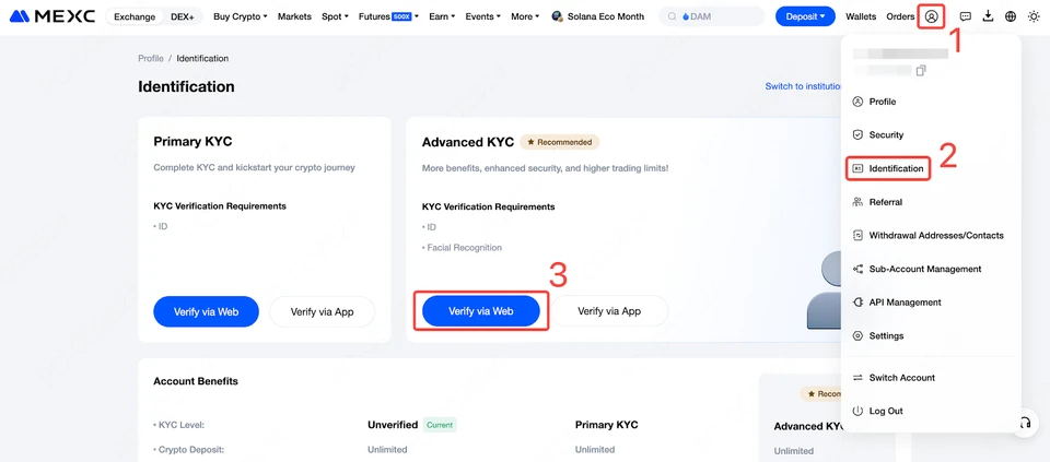 MEXC bản web: menu ảnh đại diện, chọn Identification, rồi nhấp Verify via Web ở xác minh nâng cao (giao diện tiếng Anh)