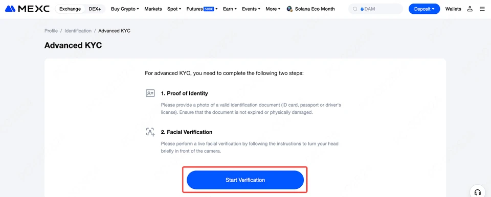 Trang giới thiệu xác minh nâng cao trên web MEXC: hai bước chứng minh danh tính và xác minh khuôn mặt, bên dưới là nút Start Verification (giao diện tiếng Anh)