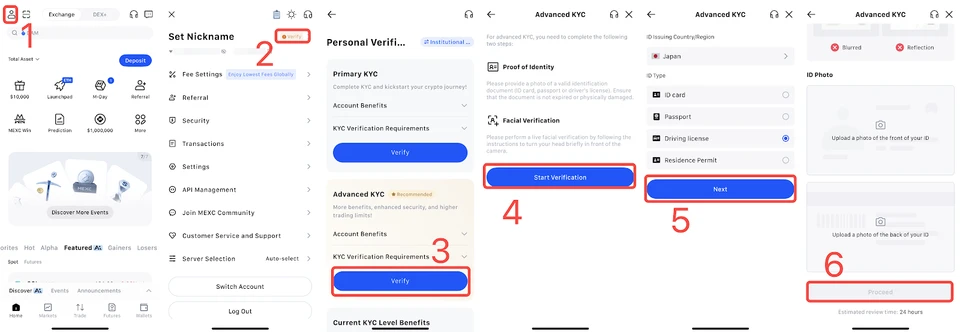 Các bước 1–6 xác minh nâng cao trên App MEXC: ảnh đại diện, Verify, xác minh nâng cao, Start Verification, chọn giấy tờ, tải lên mặt trước và mặt sau (giao diện tiếng Anh)