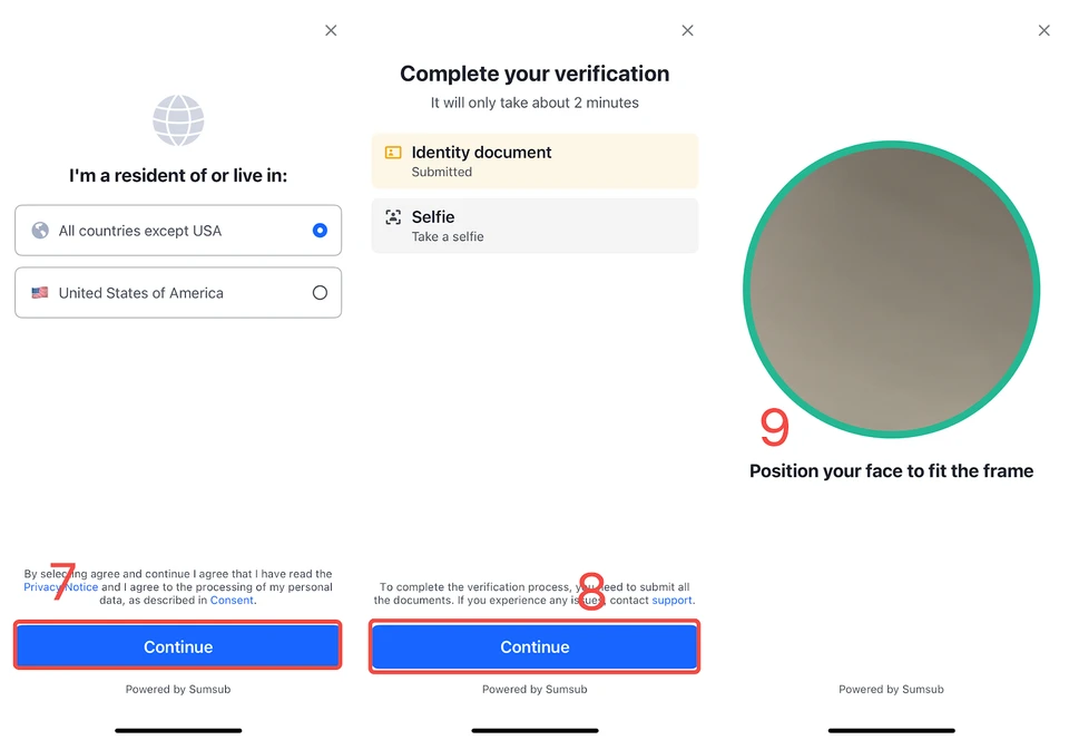 Các bước 7–9 xác minh nâng cao trên App MEXC: chọn nơi cư trú, chụp selfie sau khi giấy tờ đã gửi, nhận diện khuôn mặt (giao diện tiếng Anh)
