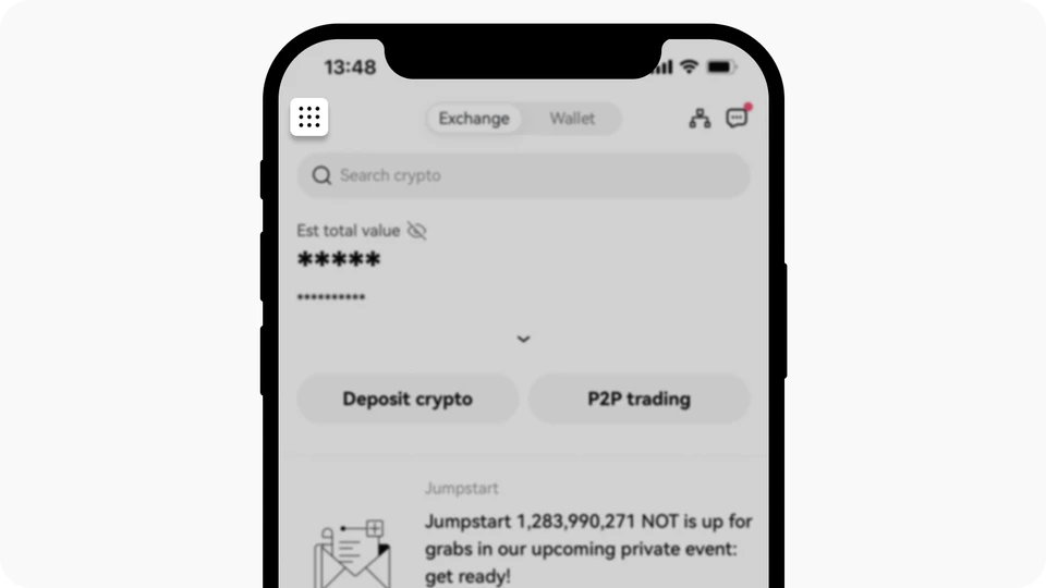 OKX App 首頁左上角的選單圖示(英文介面)