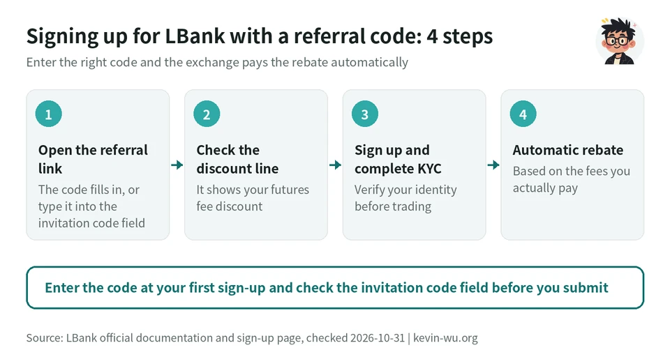 Flowchart of the 4 steps for signing up for LBank with a referral code: open the sign-up page from the referral link, check the futures fee discount line on the sign-up page, complete sign-up and KYC, the exchange pays the rebate automatically based on the fees you actually pay