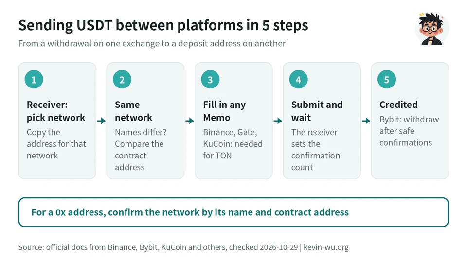 Five steps for sending USDT between platforms: choose the network and copy the address on the receiving side's deposit page, pick the same network on the sending side, fill in any Memo, submit and wait for confirmations, and the deposit is credited